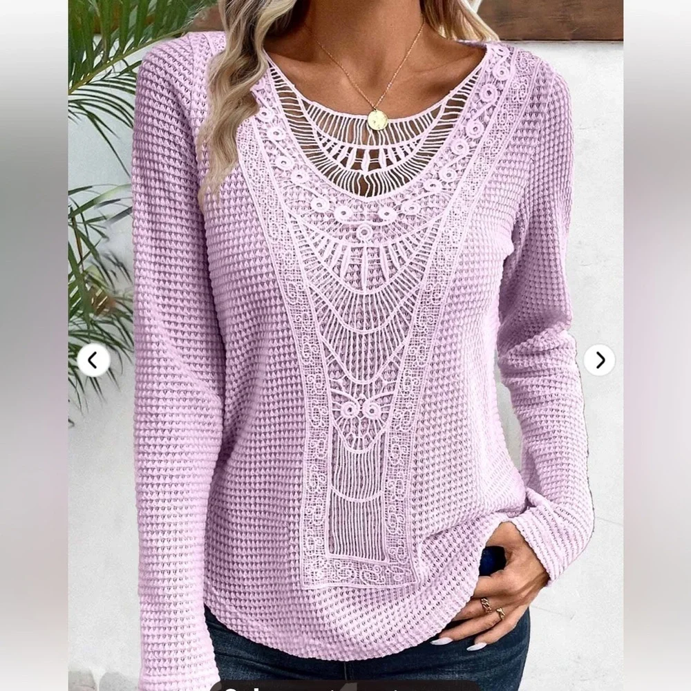 NWT 🔥 Light Purple Lace Long Sleeve Round Neck T Shirt size L